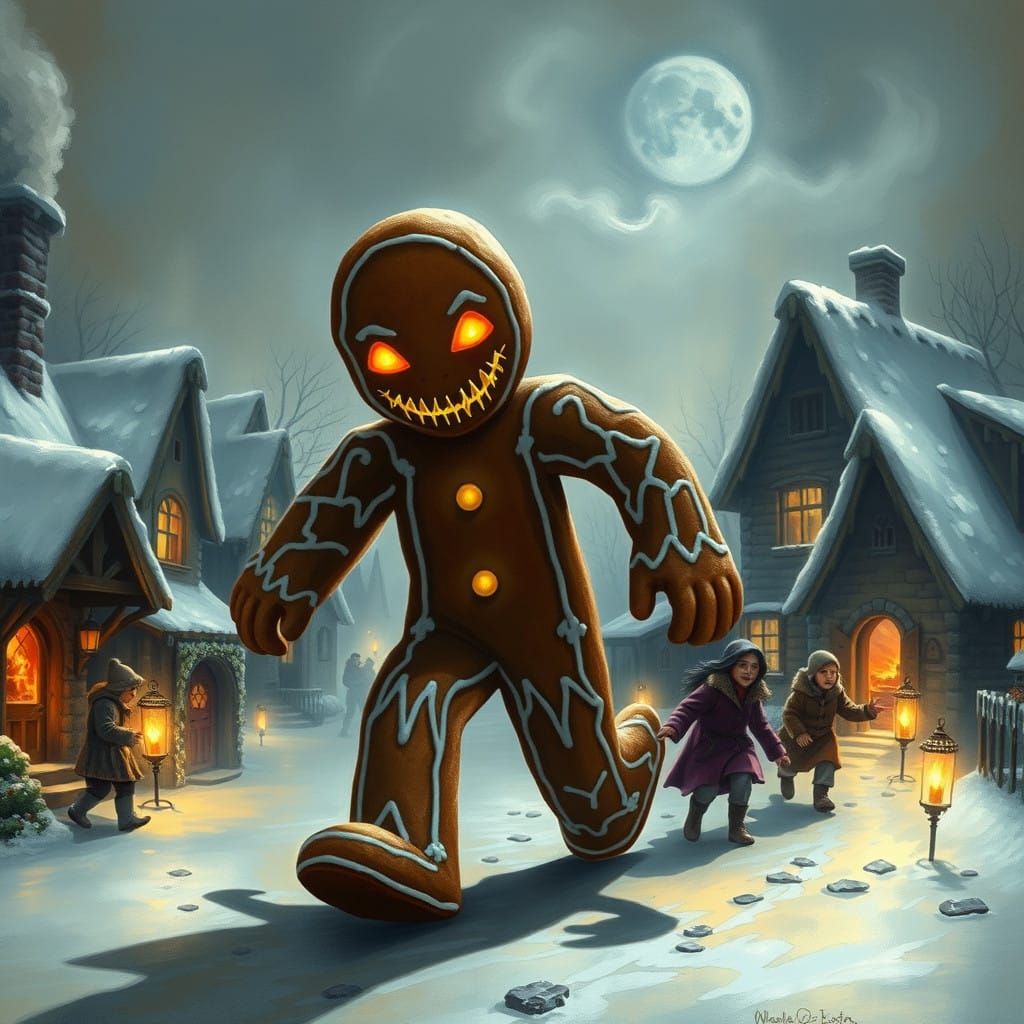 Gingerbread Man Terrorizes Snowy Village in Dark Whimsy