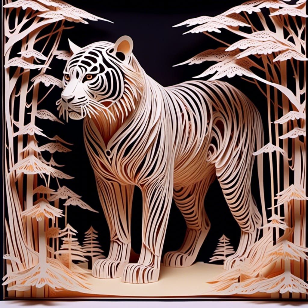 Intricate Paper-Cut Art: A Tiger in Kirigami Landscape
