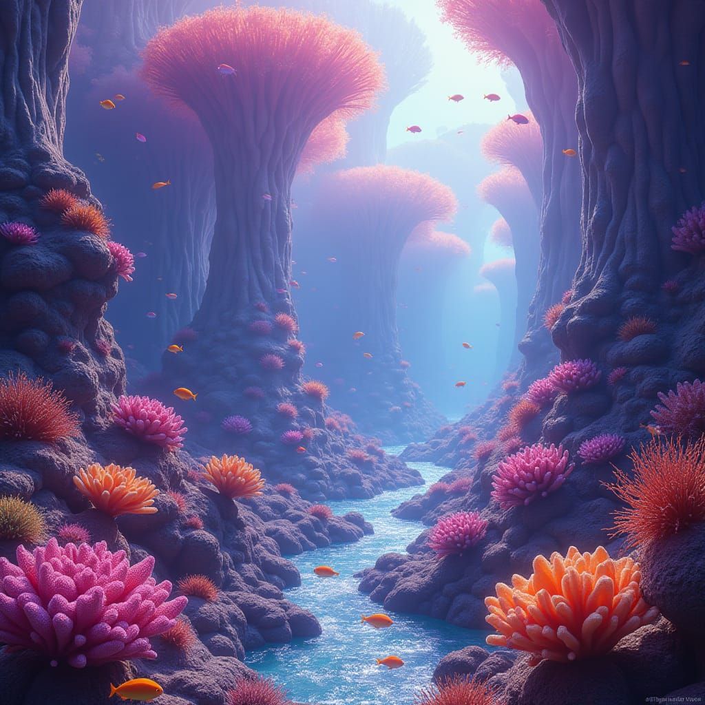 Surreal Alien Coral Reef in Vibrant Purple and Yellow