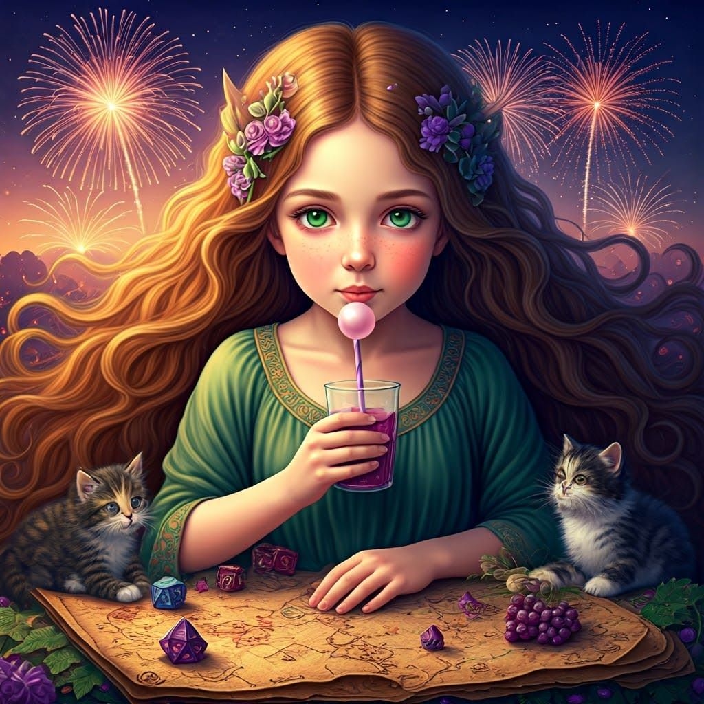 Youthful Goddess Amidst Kittens and Fireworks