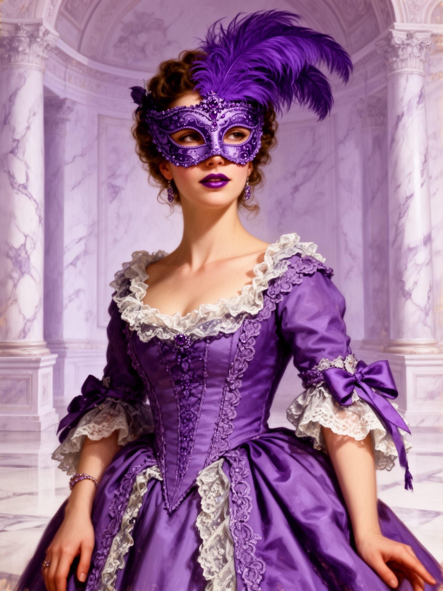 Woman in Purple Rococo Gown and Mask