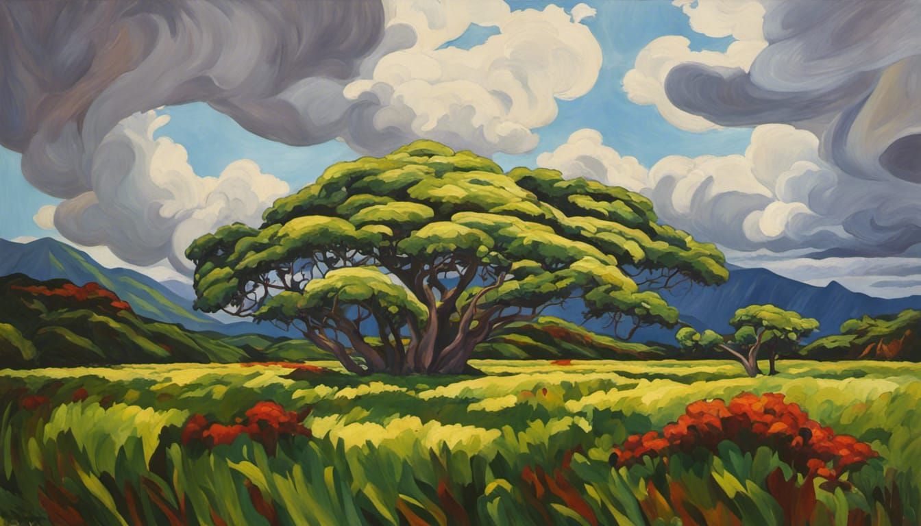 Fauvist Monkeypod Trees in Hawaiian Landscape