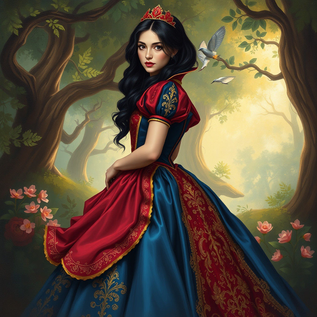 Snow White in Crimson Gown, Oil Painting Style