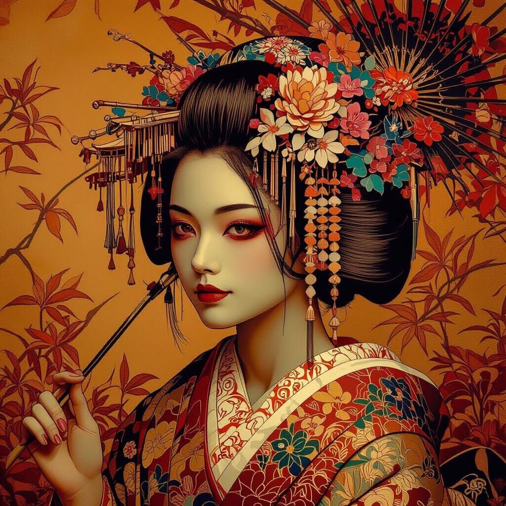 Mysterious Geisha in Serene Temple, Photorealistic Style