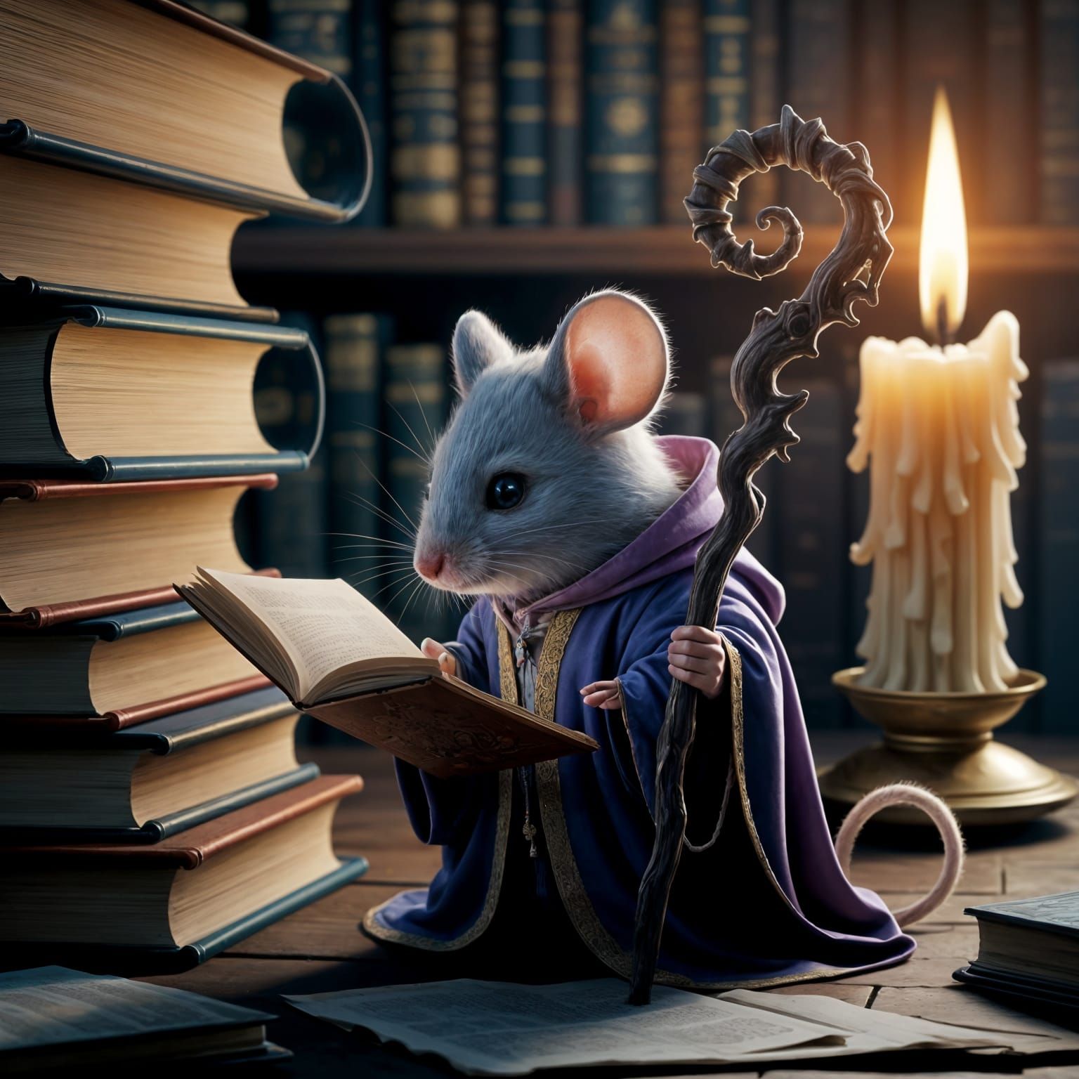 Fuzzy Mouse Wizard Reading in Ancient Library