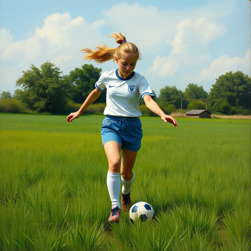 Blonde Girl Playing Soccer in Impressionist Style