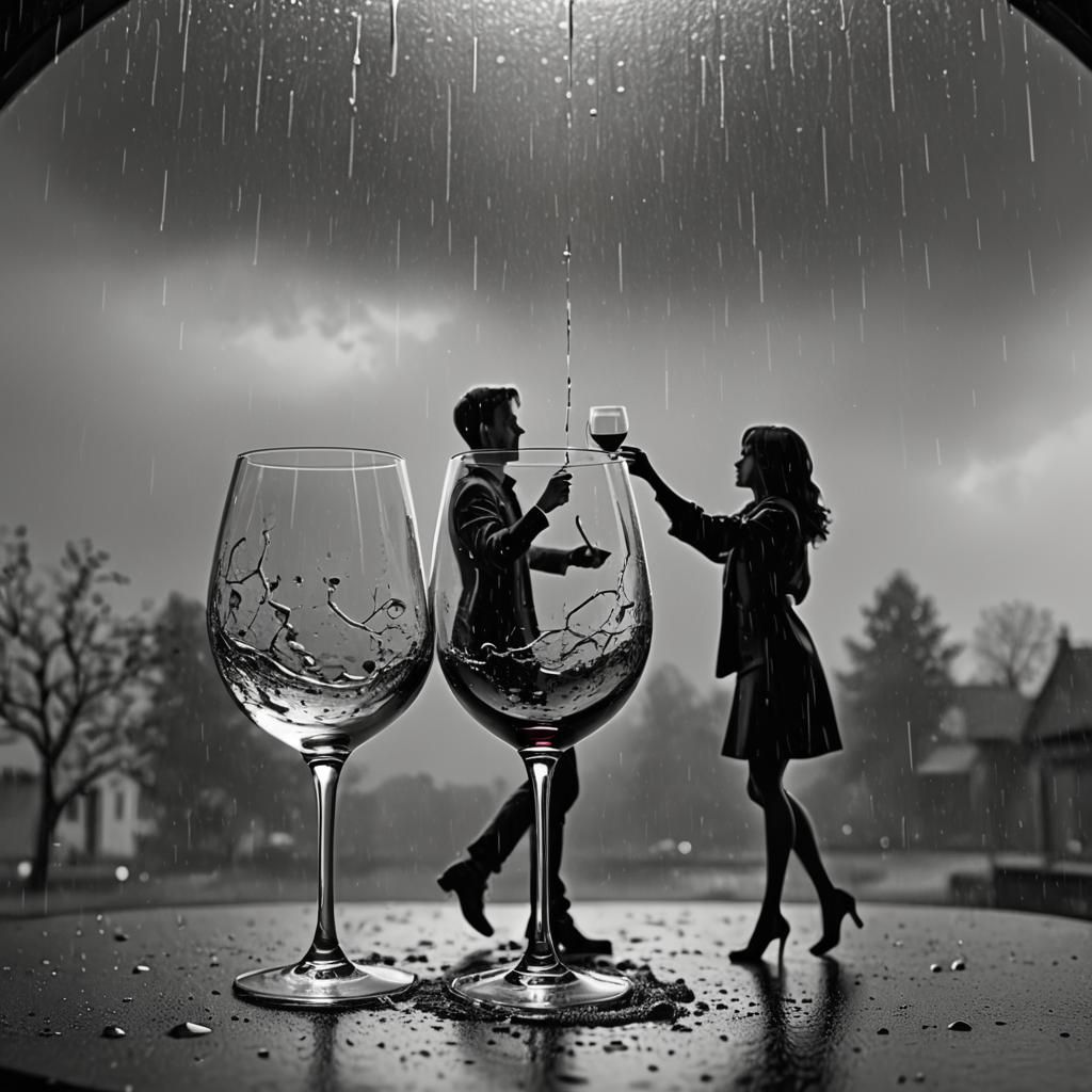 Romantic Silhouette Inside a Wine Glass, Detailed Matte Pain...