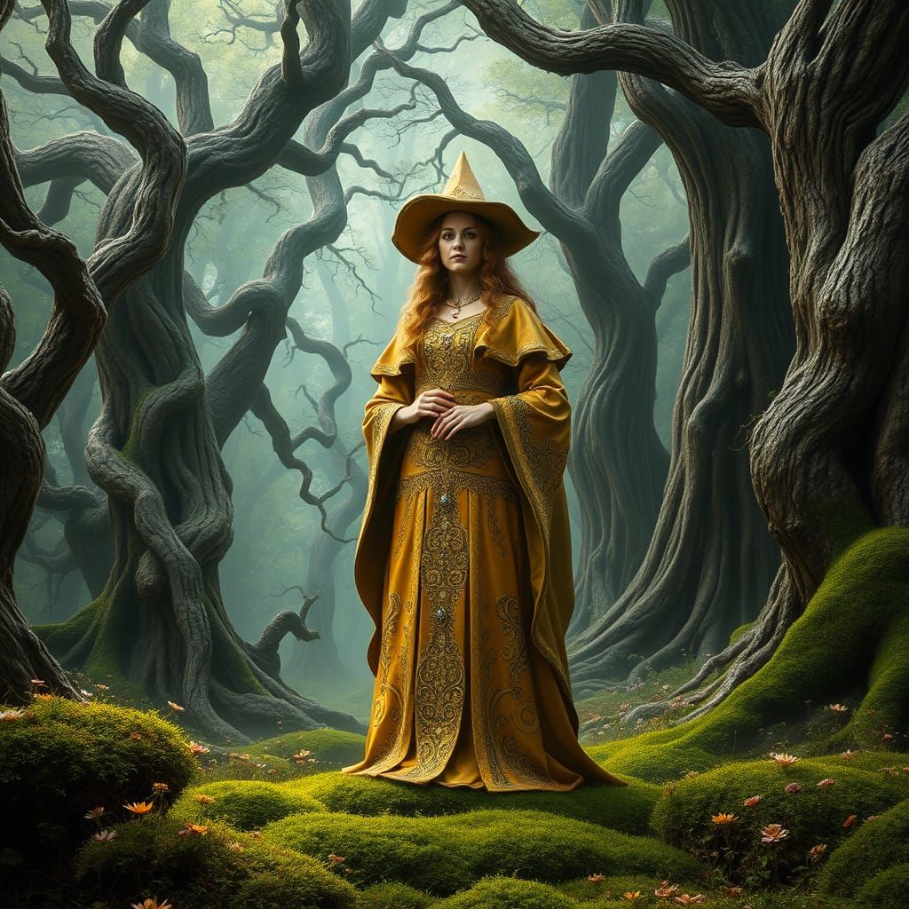 Regal Wizardess in Medieval Forest, Adorned with Mystical Sy...