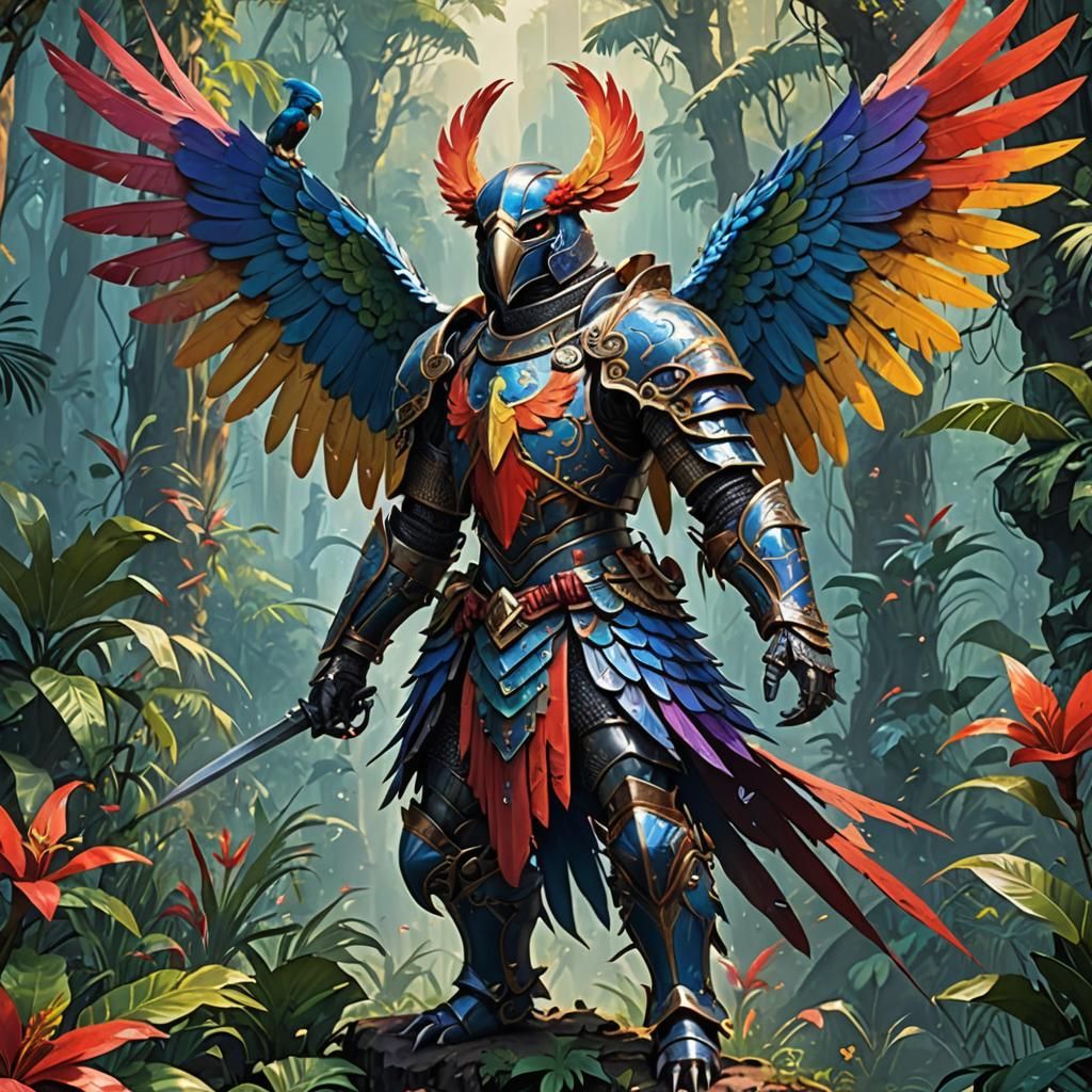 Fantasy Knight and Birds in Lush Jungle