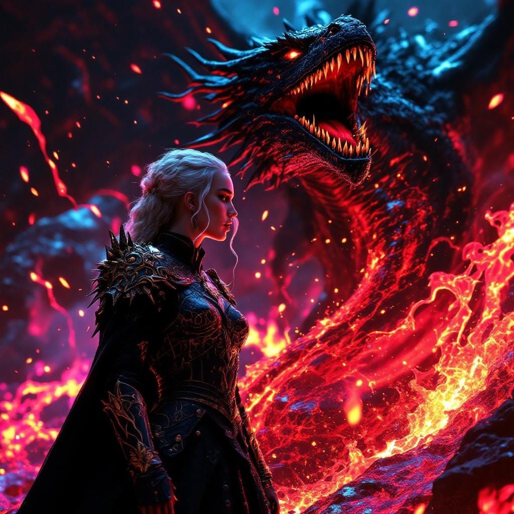 Daenerys Targaryen and Dragon in Retro-Futuristic 3D Anime