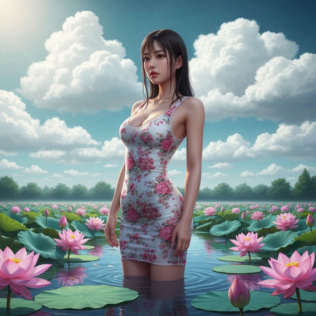 Japanese Woman in Lake with Lotus: Hyperrealistic Splash Art