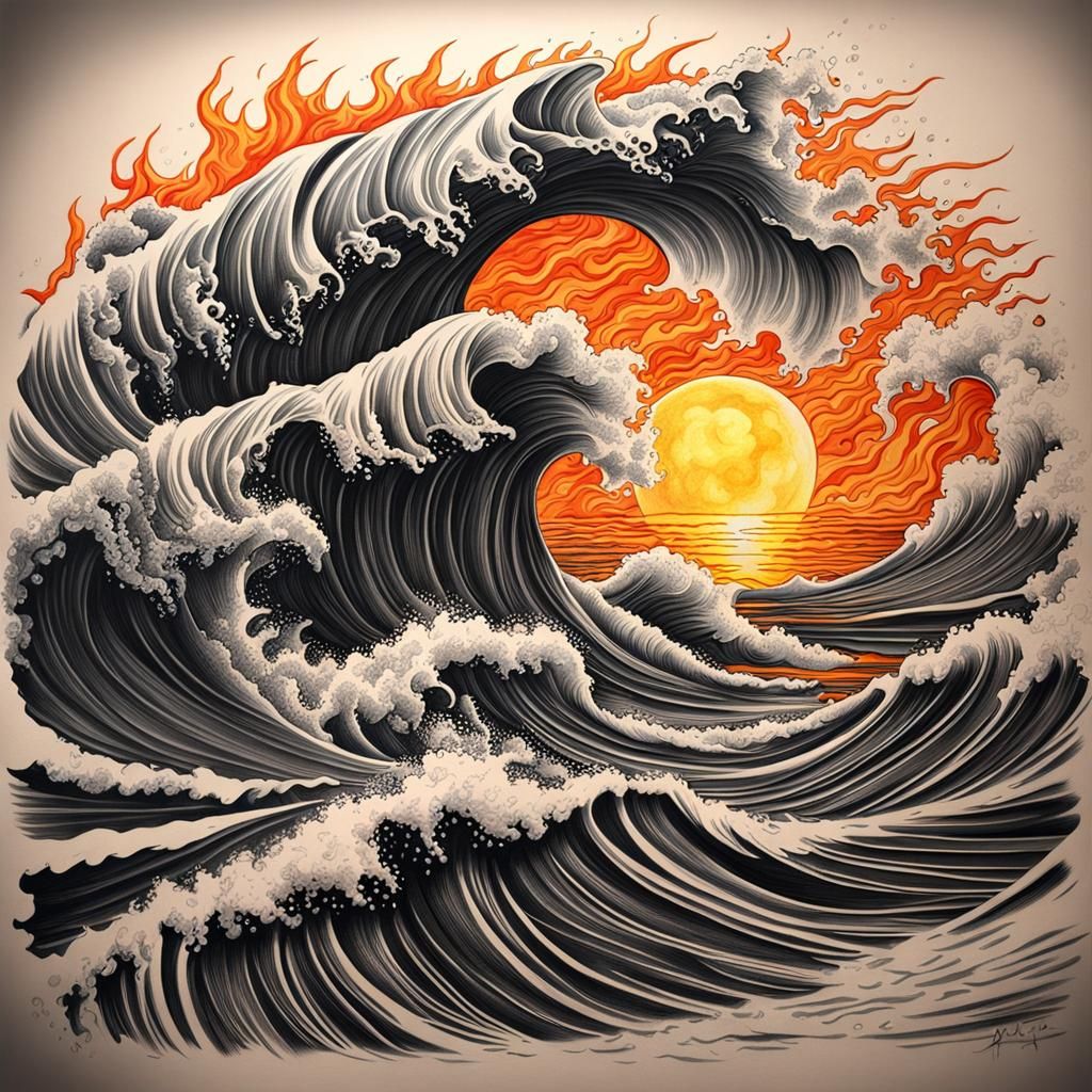 Ocean Wave Crashing Over Burning Sun: Charcoal Tattoo
