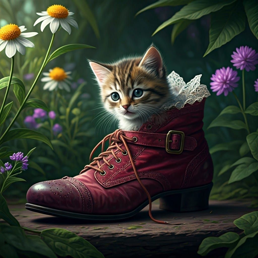 Kitten in Victorian Boot, Matte Painting Style