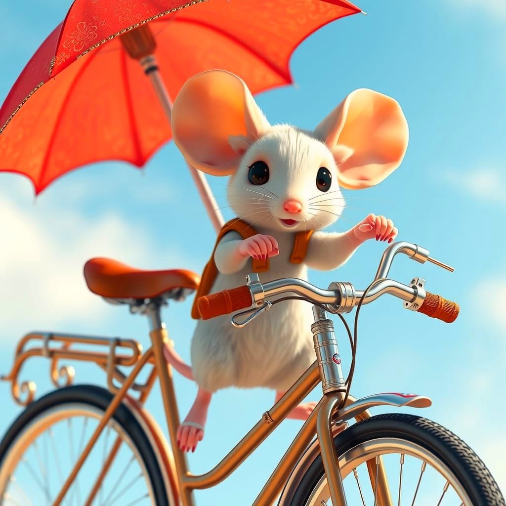 Whimsical 3D Anime Mouse Rides Bicycle Under Blue Sky
