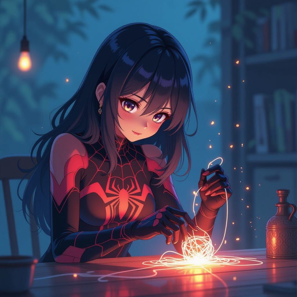 Spider Girl Crafting with Glowing Silk in Manga Style