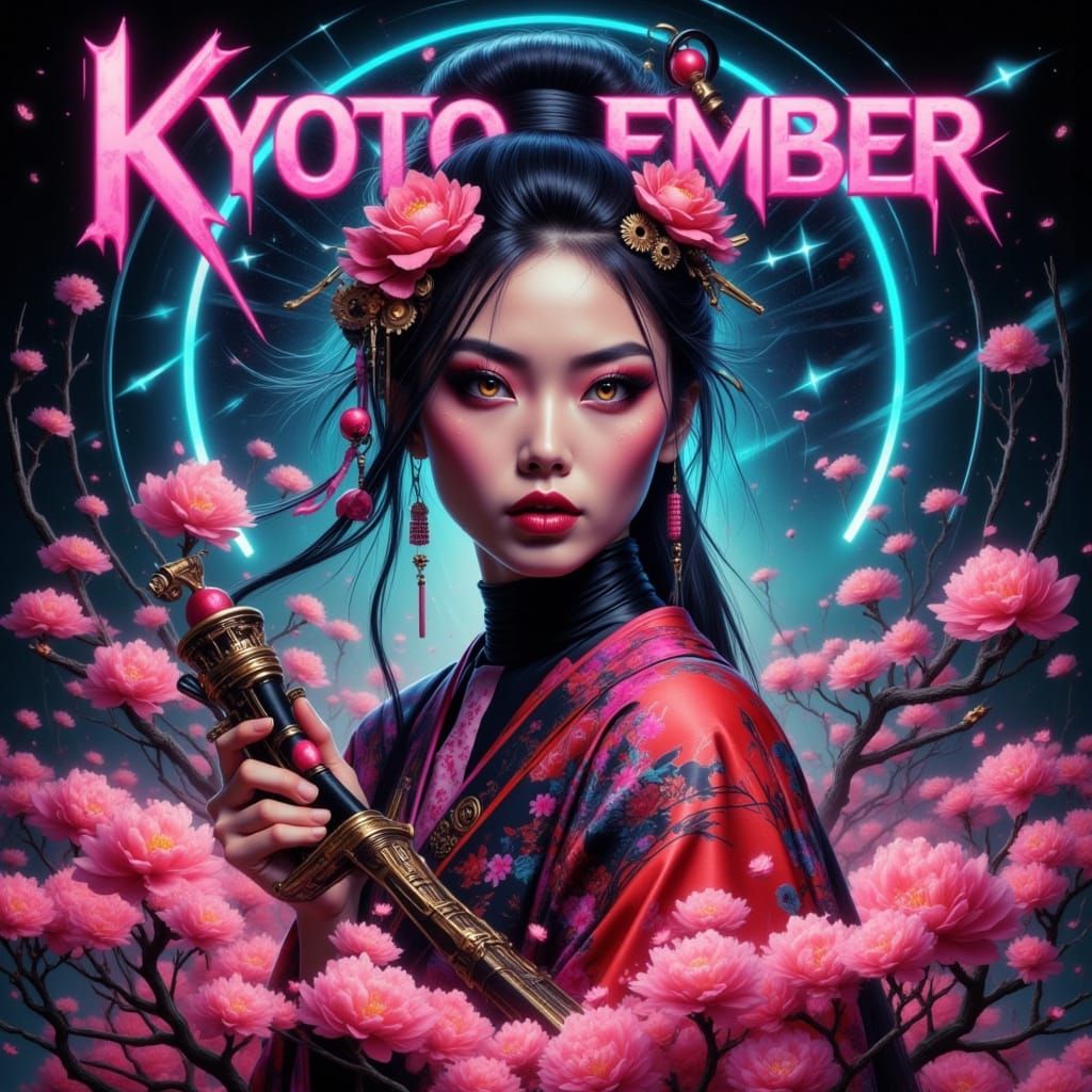 Steampunk Geisha: Kyoto Ember with Clockwork Katana