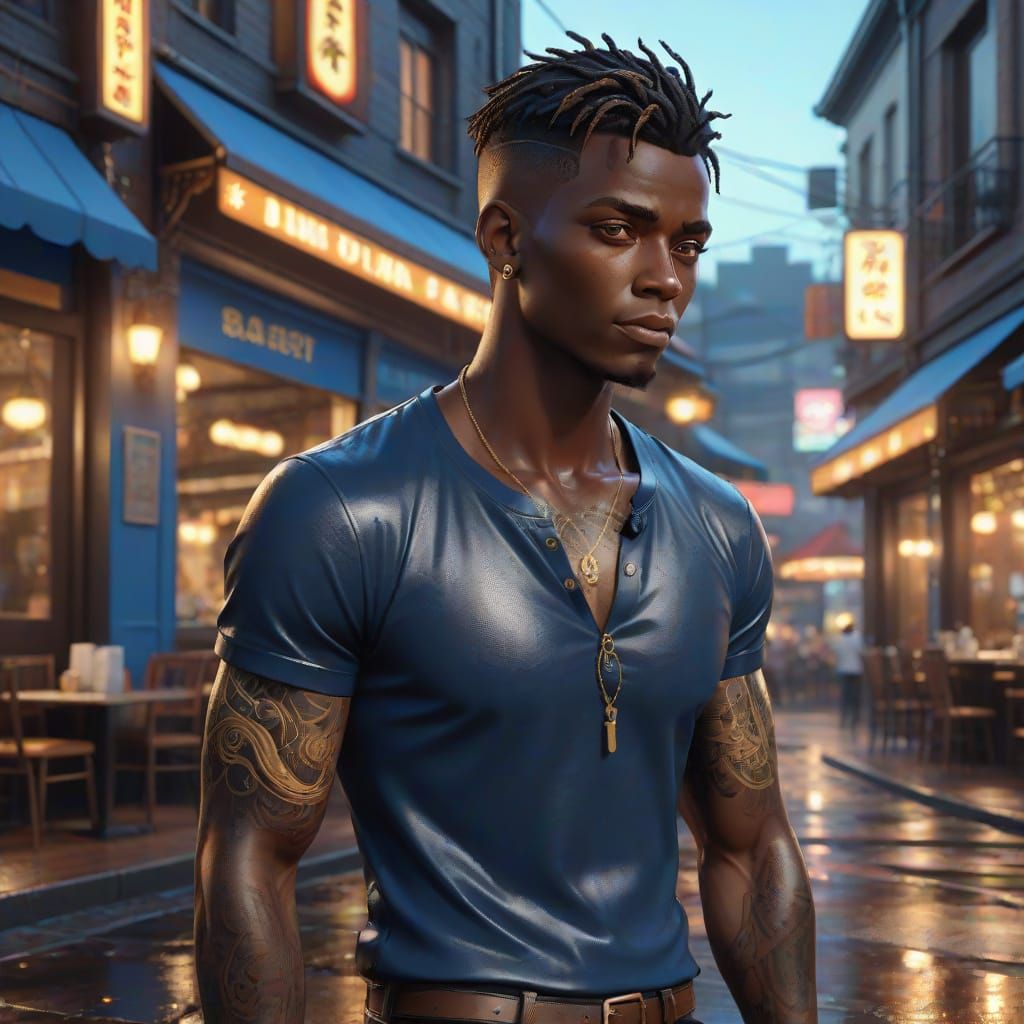 Chiseled Haitian-American Hero Leans on Classic Car in Neon-...