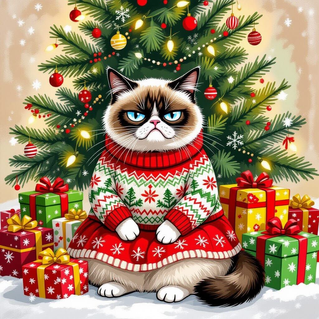 Grumpy Cat in Festive Sweater by Christmas Tree