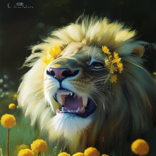 Lion Face in Dandelion, Oil Painting Style
