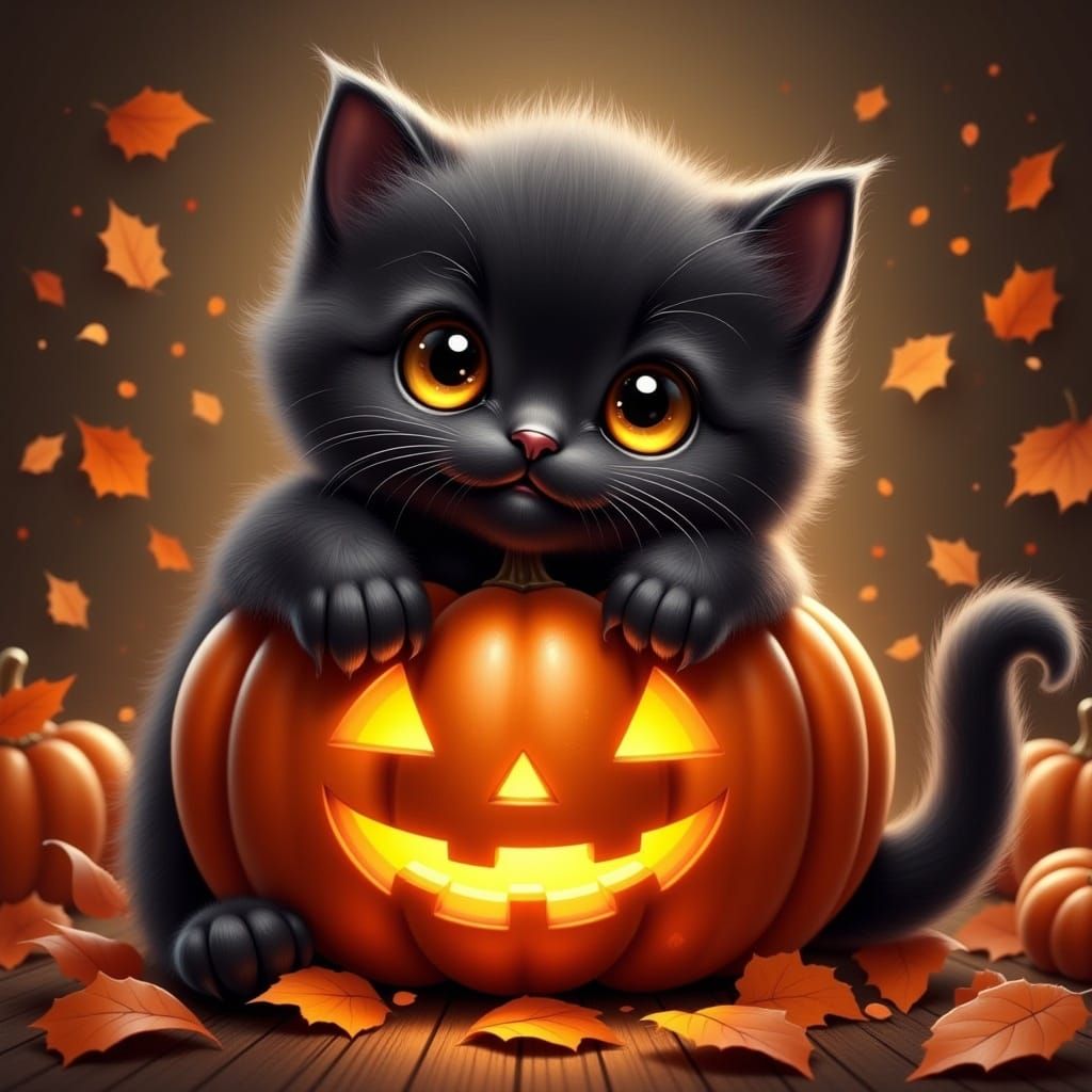 Cute Black Kitten with Pumpkin