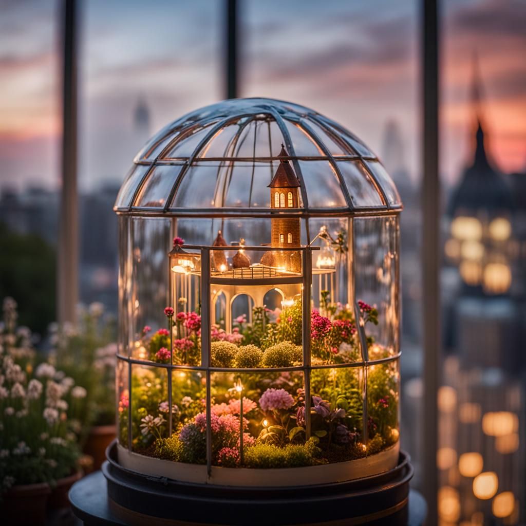 An English flower garden terrarium with a miniature castle, ...