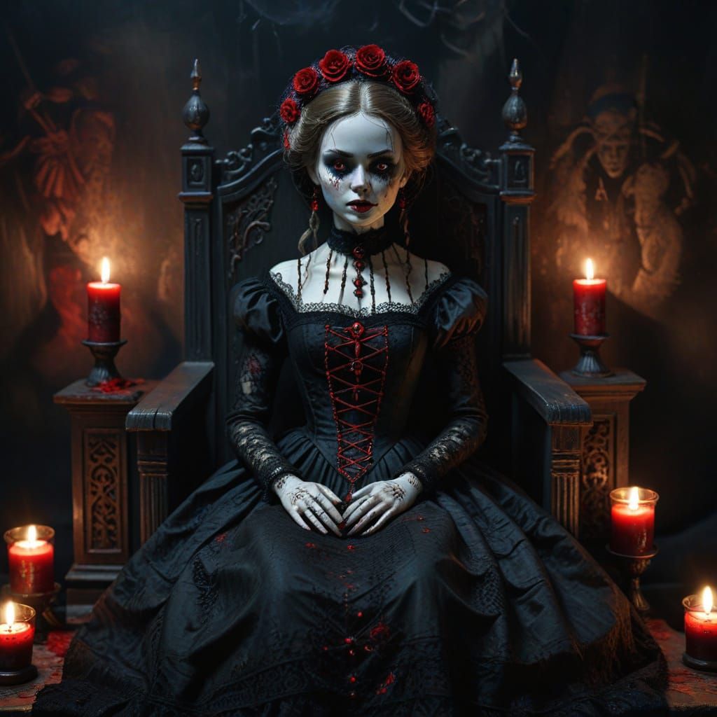 Haunted Doll on Altar: Gothic Oil Painting