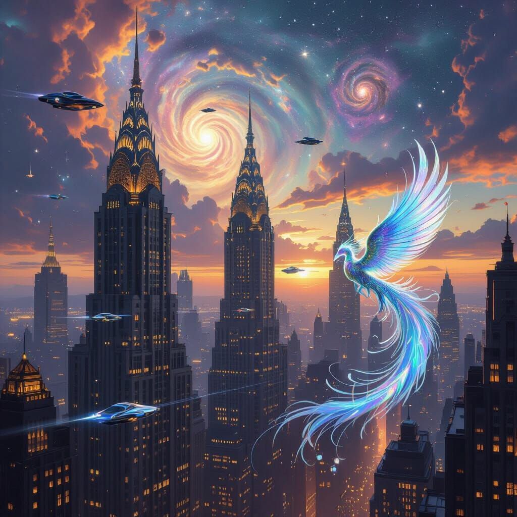 Art Deco Cityscape Under Cosmic Sky with Fantastical Creatur...