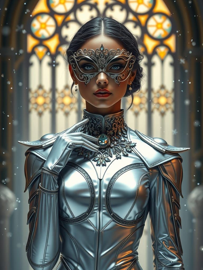 The image features a striking figure of a woman clad in a stunning, futuristic outfit made of shiny silver latex. Her en...