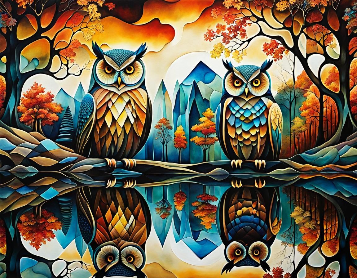 Surreal Owls in Fractal Cubist Autumn Landscape