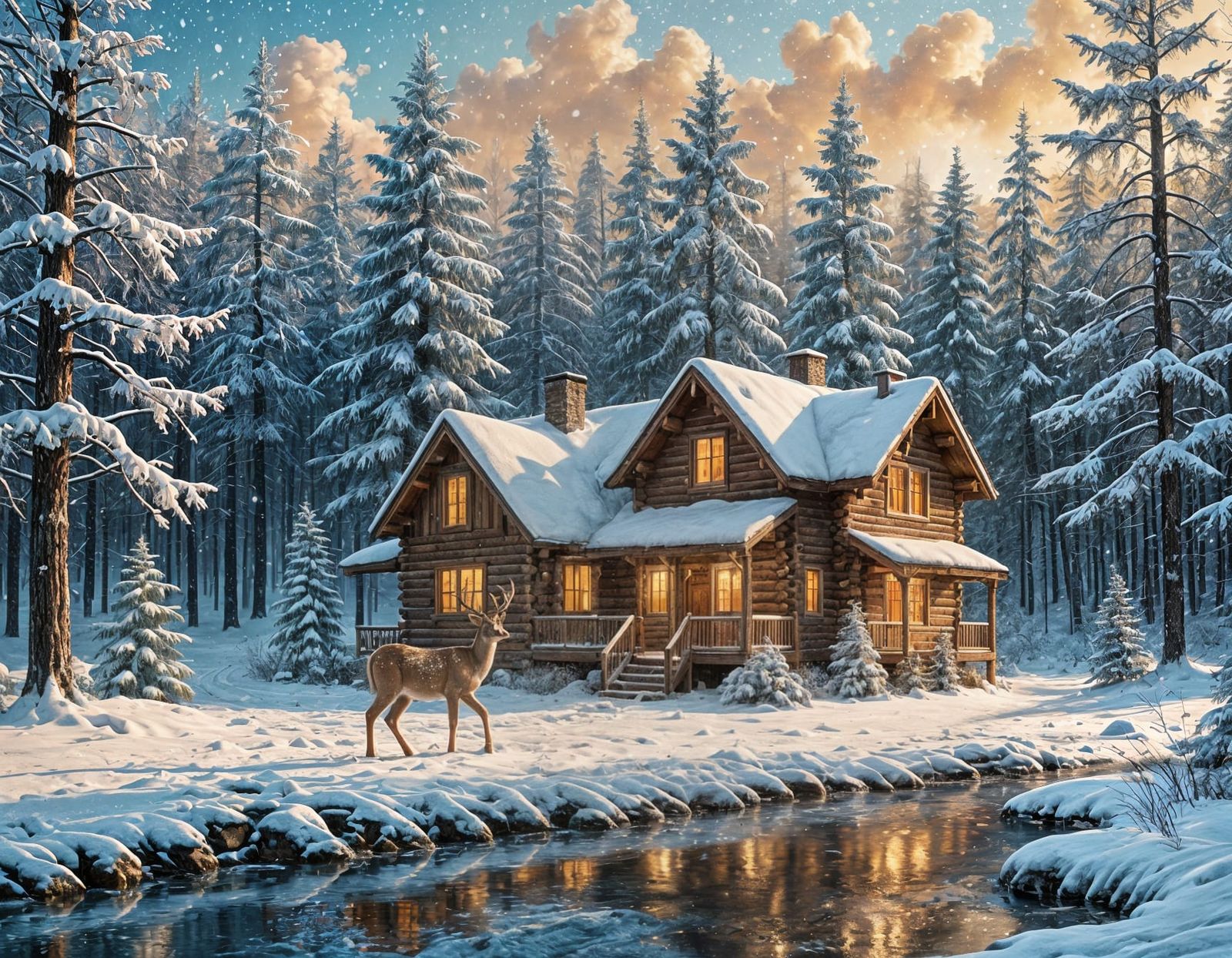 Snowy Cabin in the Woods with Buck: Photorealistic