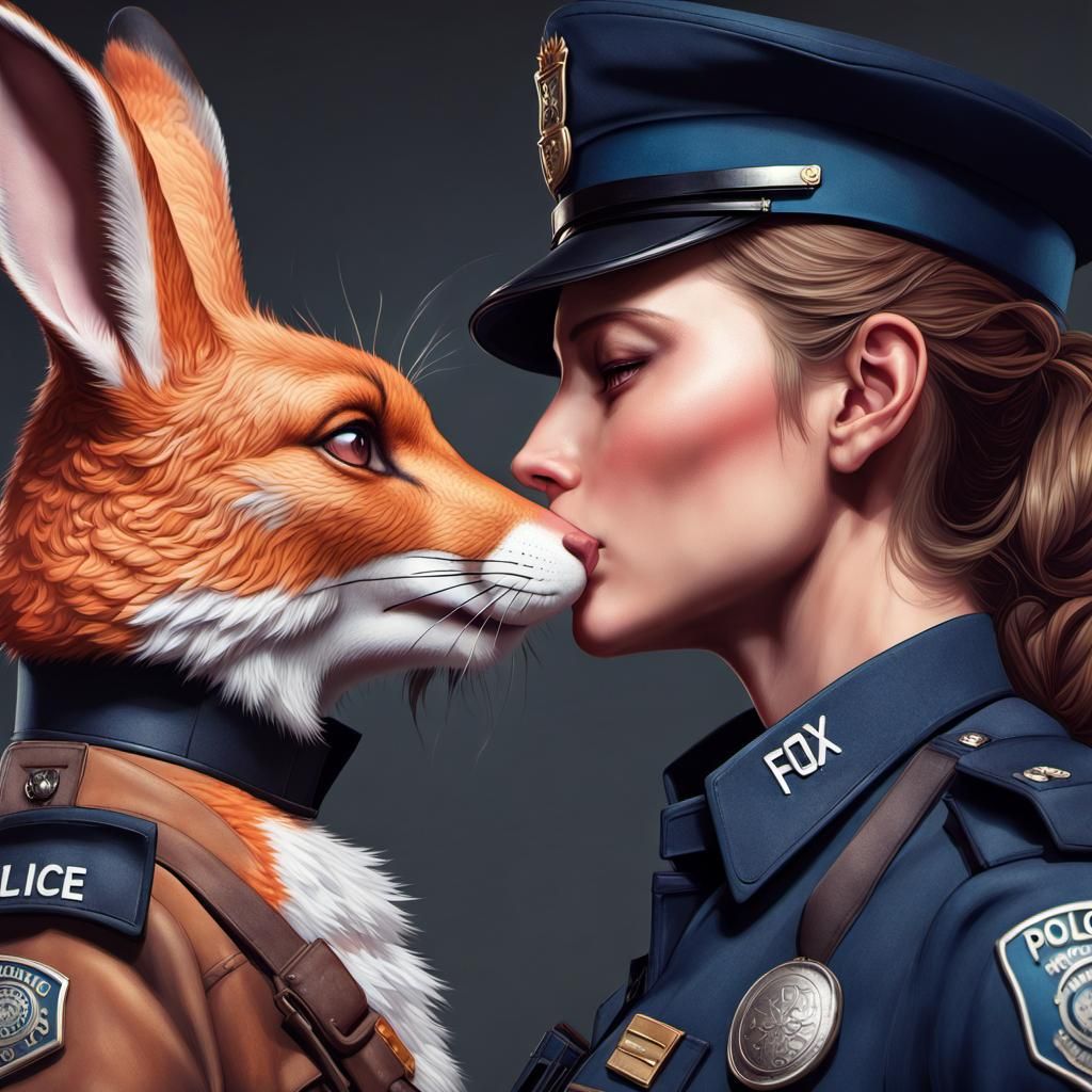 Rabbit Policewoman and Fox Man Kiss Portrait