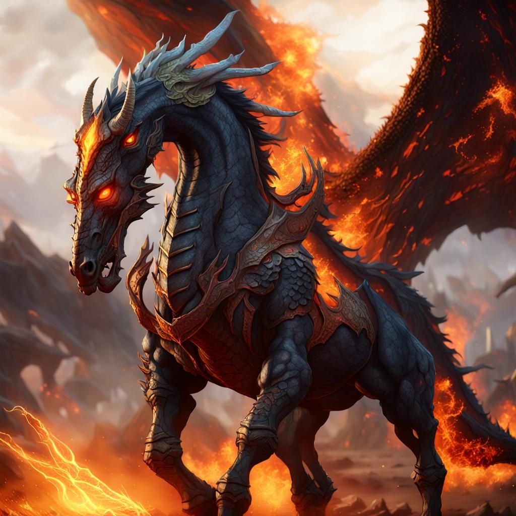 Dragon-Horse Hybrid in Smoldering Landscape as Digital Paint...
