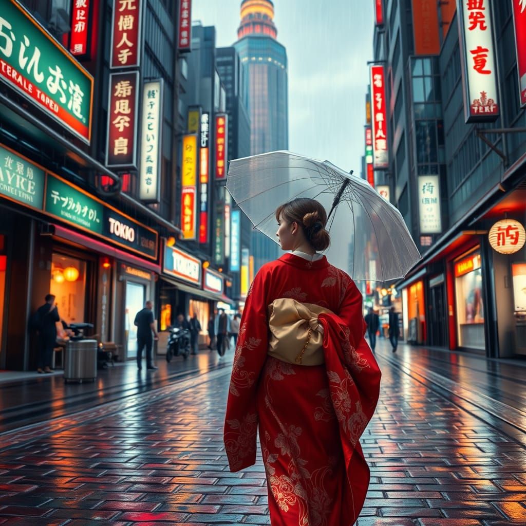 Woman in Kimono Walking in Modern Tokyo
