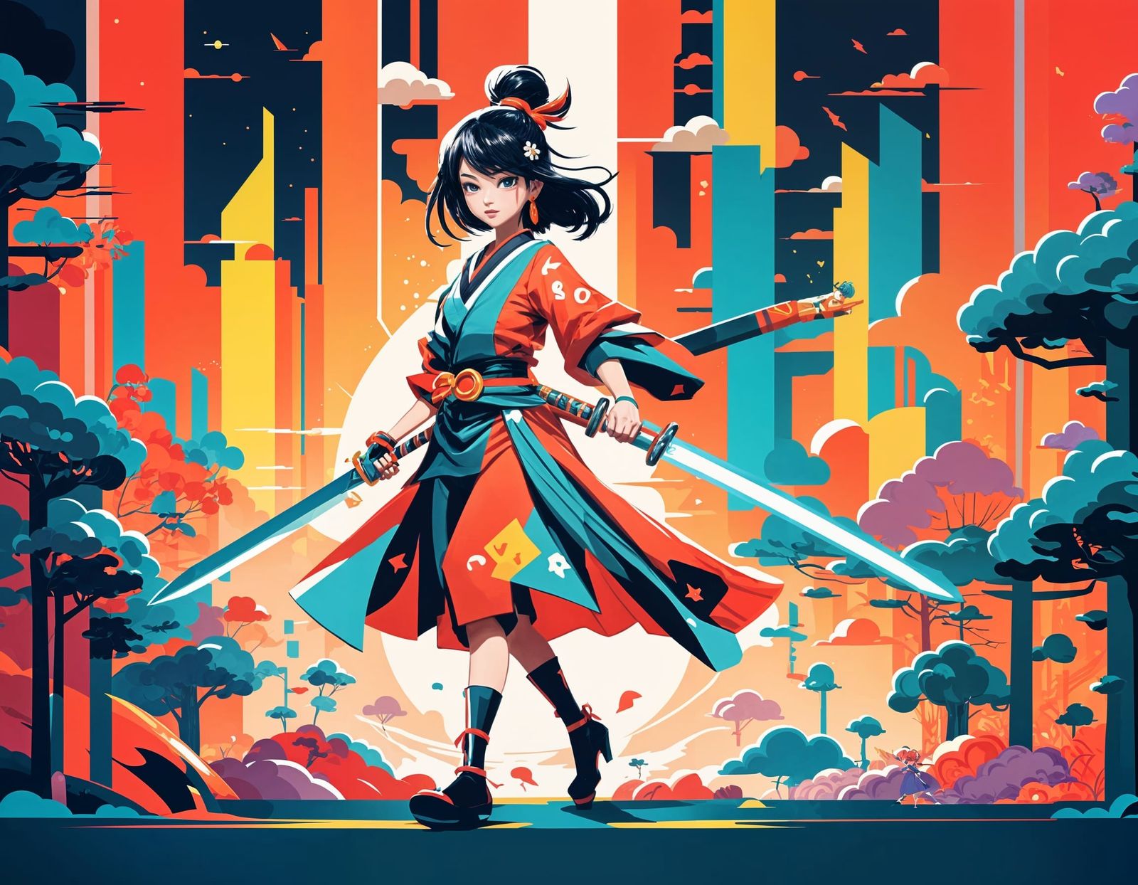 Cartoon Japanese Warrior Ready for Battle in 2D Art