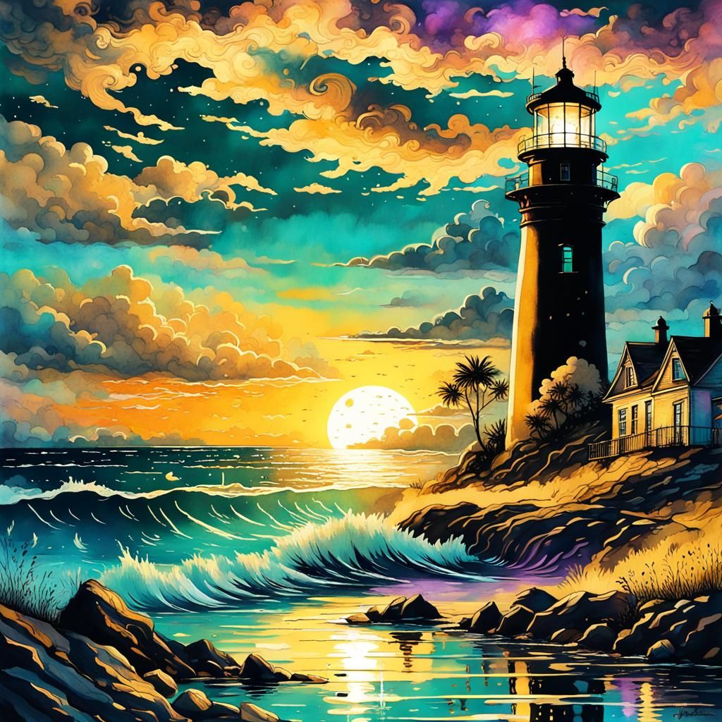 Golden Sunset Lighthouse Double Exposure Seascape