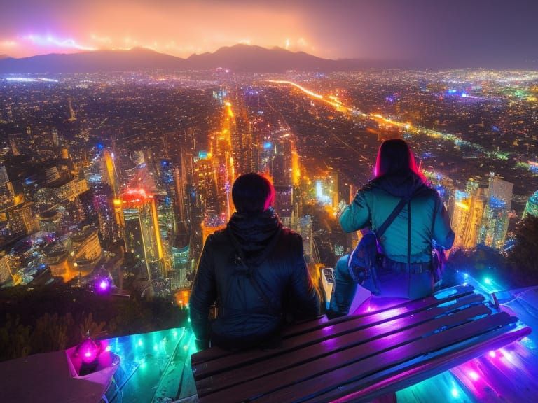 Magic Sorceress and Cyber Warrior Embrace at Night