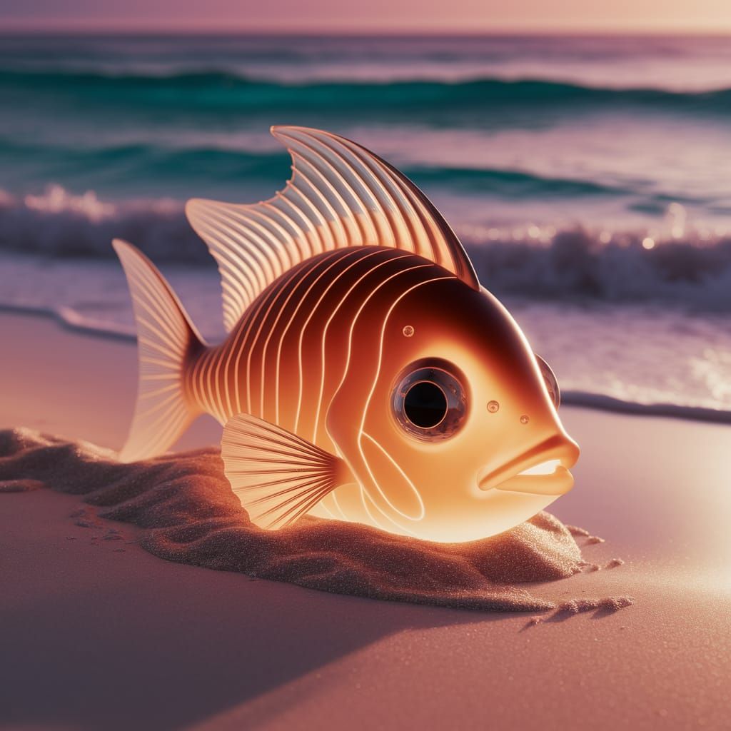 Glowing Sea Glass Fish Sculpture on Caribbean Beach at Sunri...