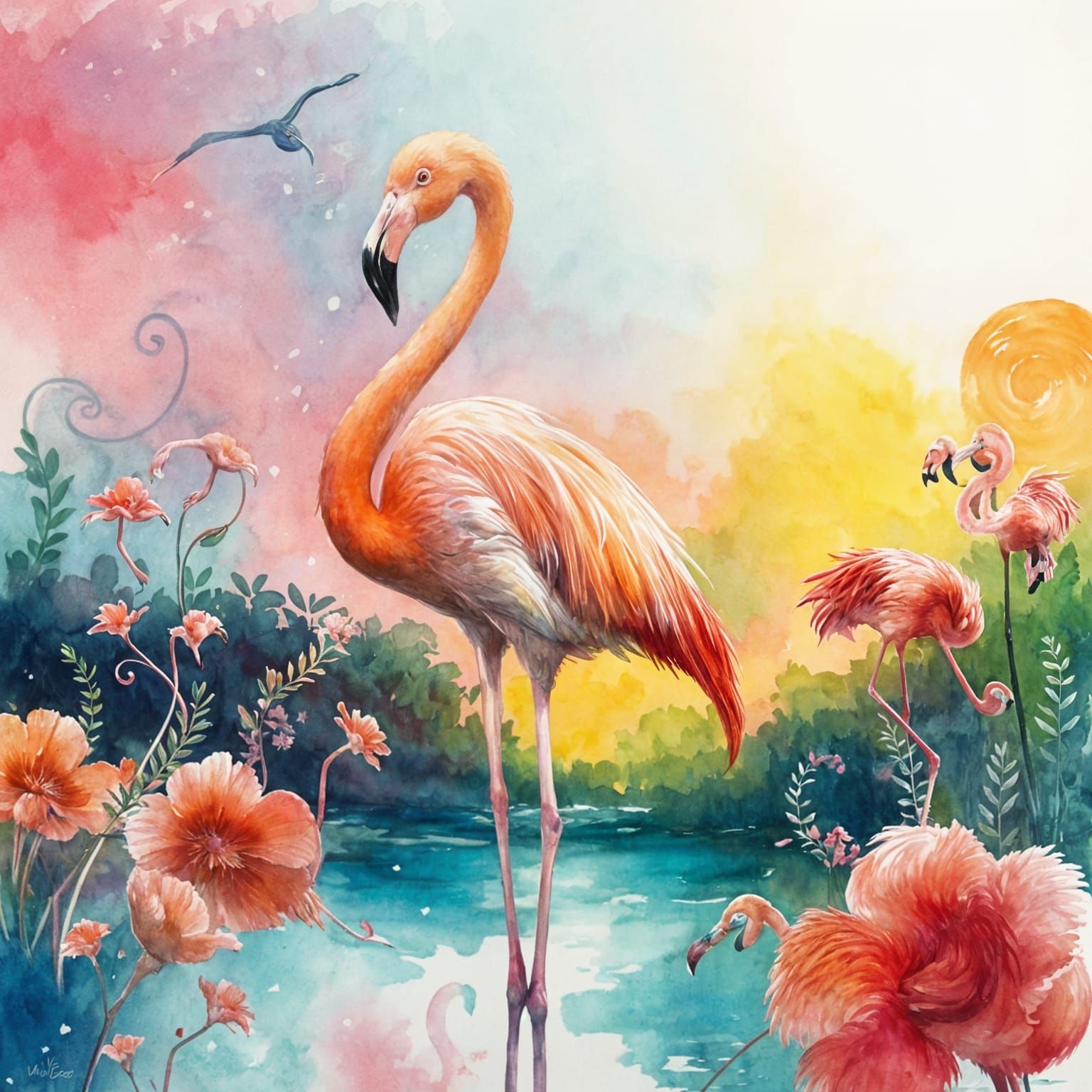 Surreal Watercolor Flamingo in Impressionistic Style