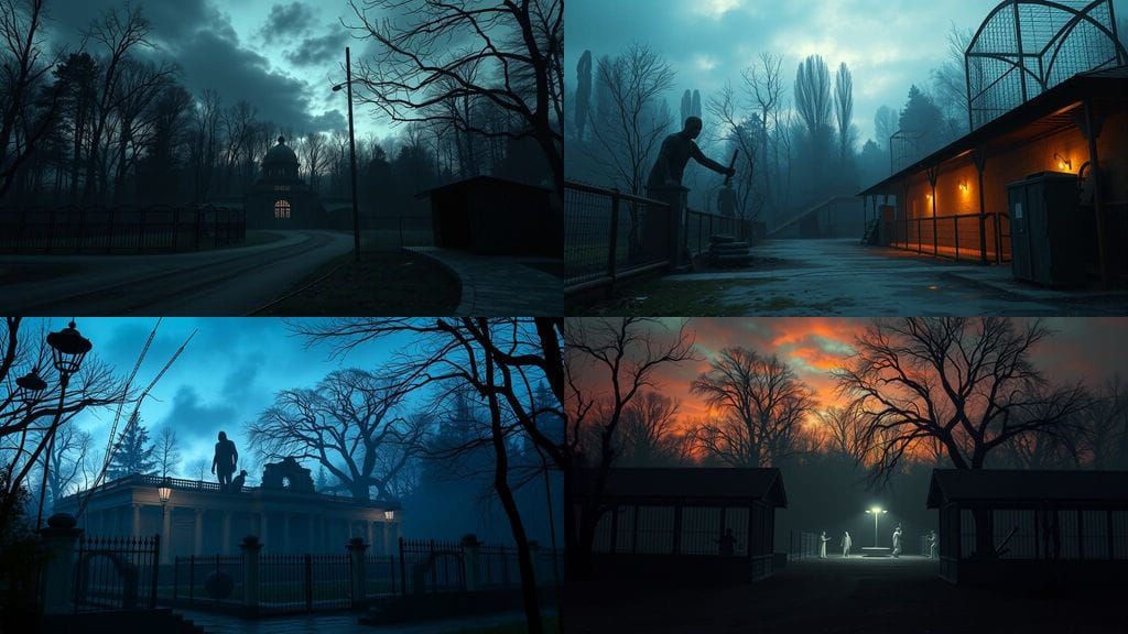 Mysterious Abandoned Zoo at Dusk in a Haunting Horror Style