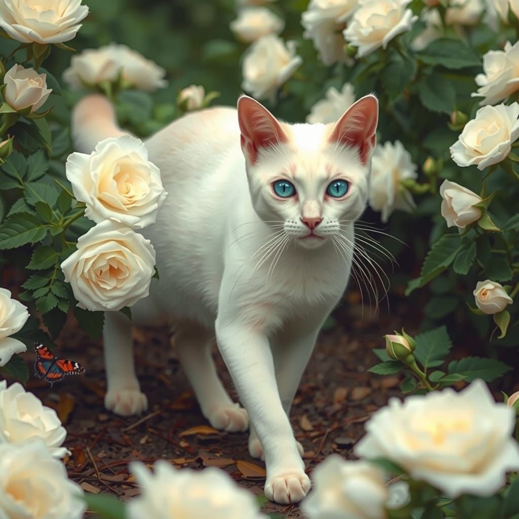 Dreamlike Garden Cat in Realistic Style