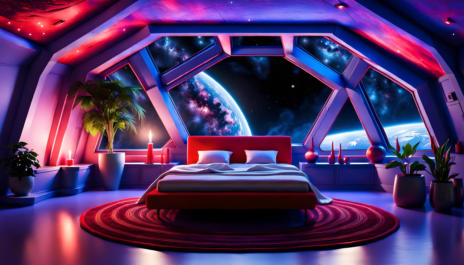 Spaceship Bedroom with Galaxy View in Hyperrealism
