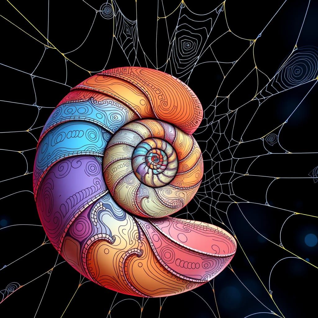 Intricate Nautilus Shell Ensnared in a Delicate Web