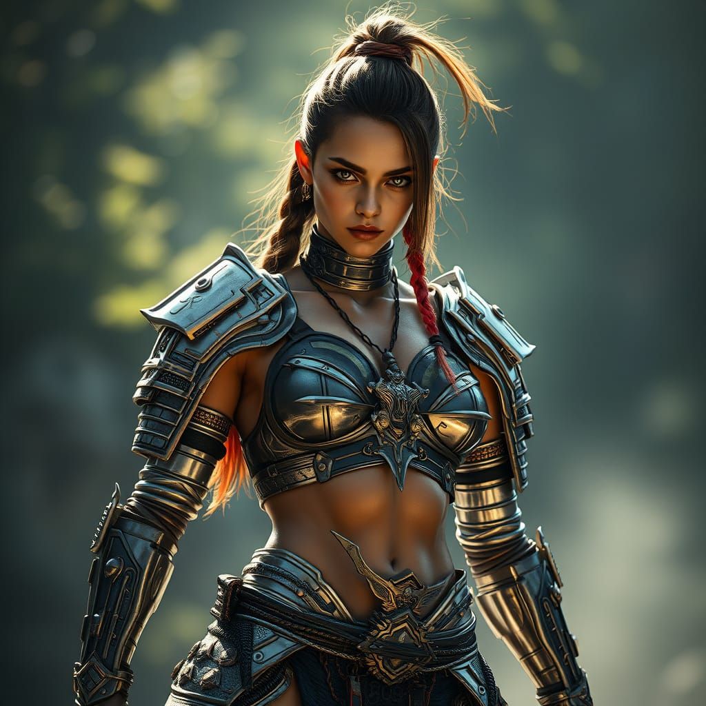 Female Samurai with Cybernetic Armor in Film Noir Style