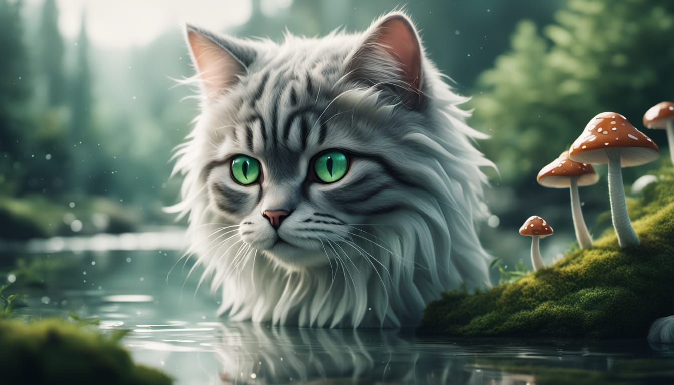 Whimsical Cat Contemplates its Reflection in a Serene Fantas...