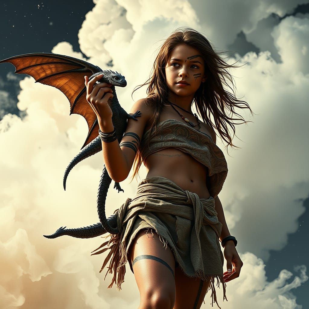 Tribal Girl Rising with Dragon, Moebius-Inspired Watercolor