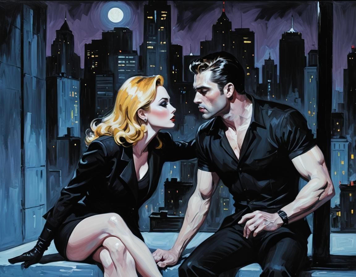Forbidden Kiss: A Noir Painting of Dangerous Romance