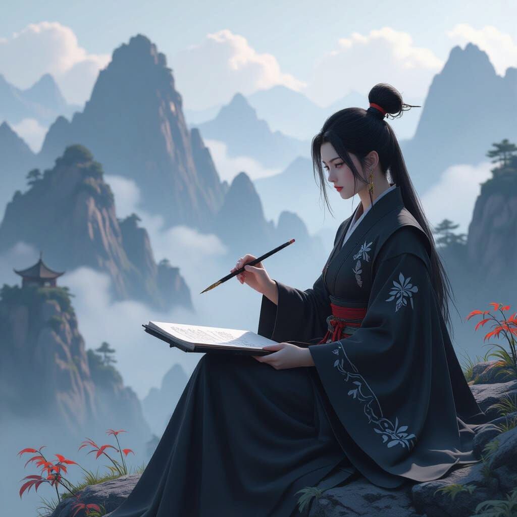 Poet with Brush in Misty Mountains, 3D Anime Style