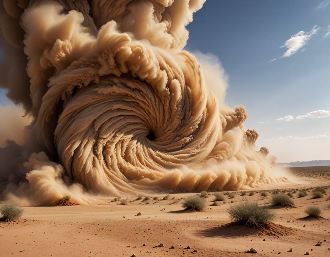 Massive Dusty Whirlwind Sweeping Across a Desert Landscape
