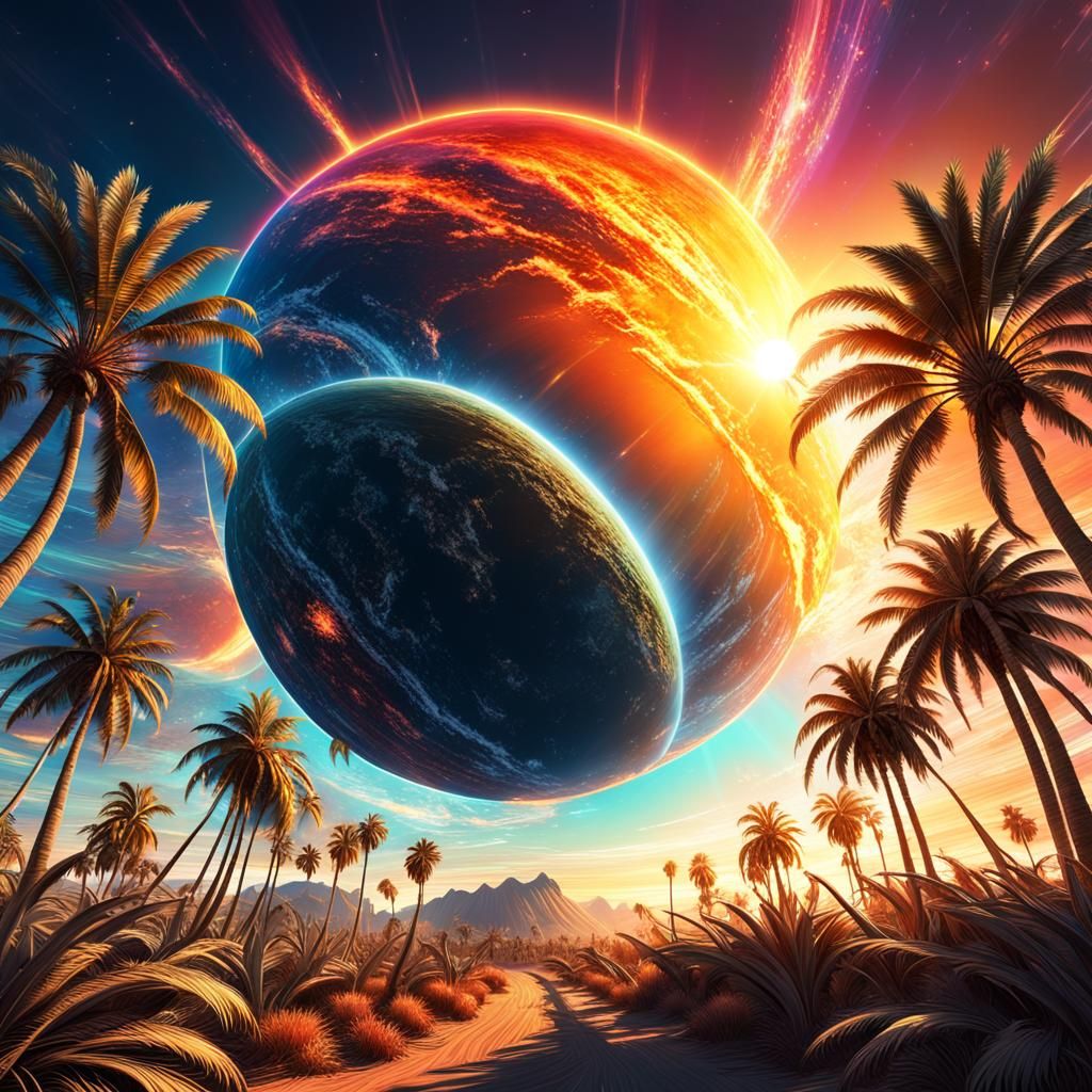 Chimeric Planet: Palm Trees Under a Double Sunrise