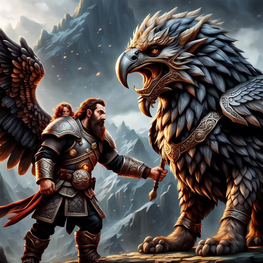 Dwarven Warrior Befriends Griffon in Hyperrealistic Detail